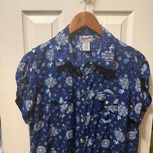 Wrangler Womens LBlue Paisley Floral Western Pearl Snap Short Sleeve Shirt Puff
